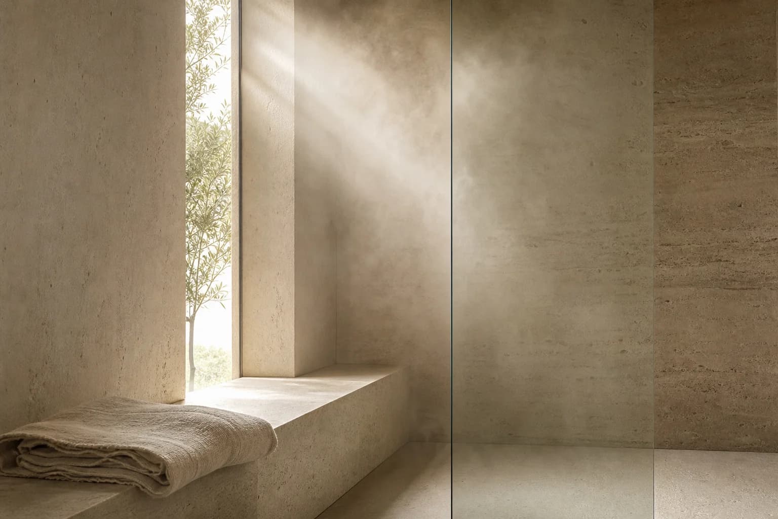 Calm contemporary bathroom in warm stone